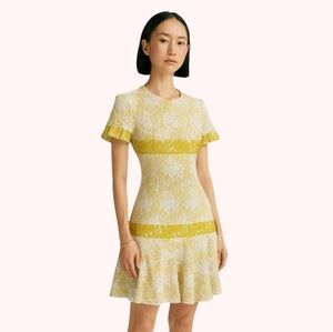 $20-Colorblock Luxury Designer Lace Overlay Midi Dress Ruffle Hem/Sleeves XS/S